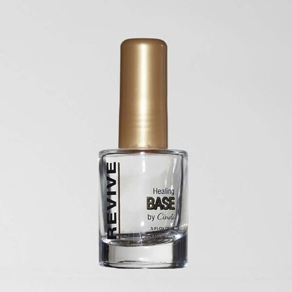 Revive Healing Base By Cindi Nail Treatment Bottle, Clear Glass With Gold Cap.
