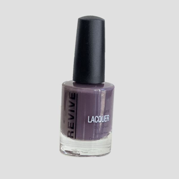 A Bottle Of "Revive" Natural Lacquer Nail Polish In A Deep Purple Hue, By Cindi Nails.