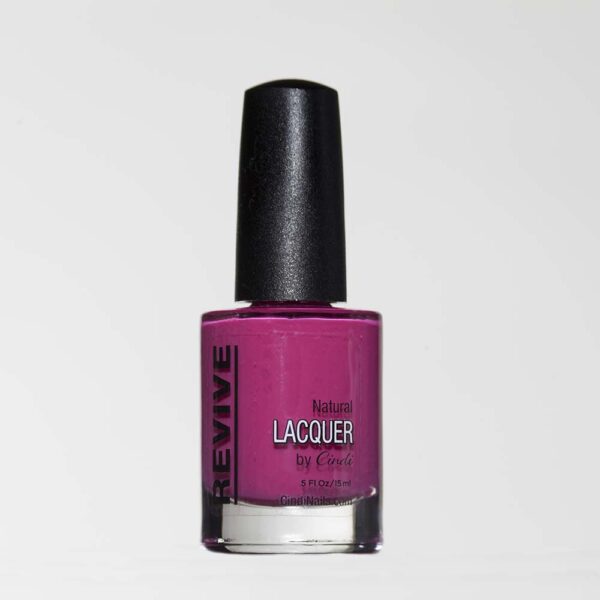 A Bottle Of "Revive" Natural Lacquer Nail Polish In A Vibrant Magenta Color, With A Black Cap, Set Against A White Background.