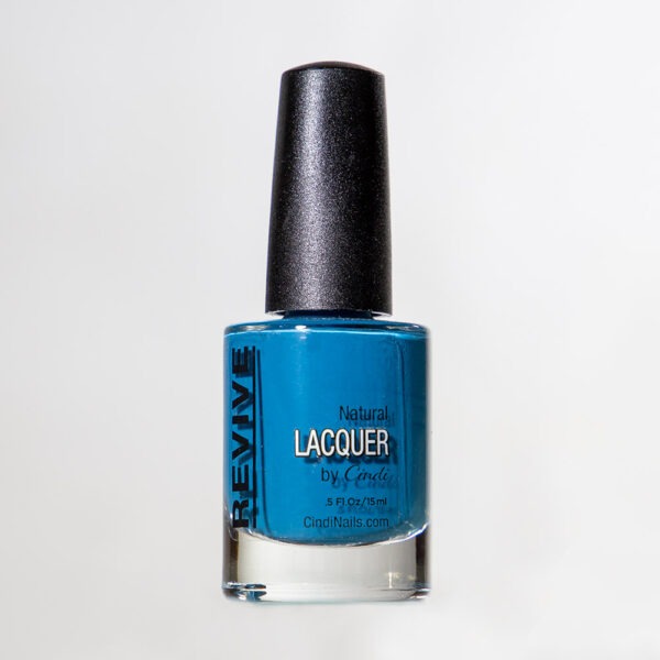 Blue Nail Polish Bottle With Black Cap, Labeled "Natural Lacquer By Cindi" Against A White Background.