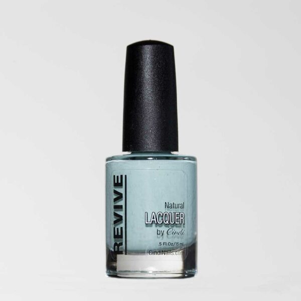 A Bottle Of Pale Blue Nail Polish With A Matte Black Cap, Labeled "Revive Natural Lacquer By Cindi."