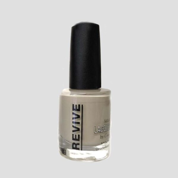 A Bottle Of Revive Natural Nail Lacquer In A Neutral, Gray Color.