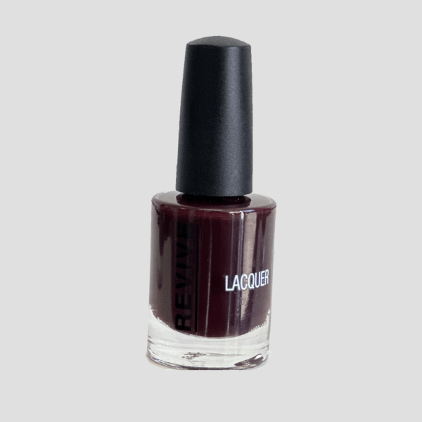 A Bottle Of Dark Burgundy Nail Lacquer On A Neutral Background, Labeled "Laquer".
