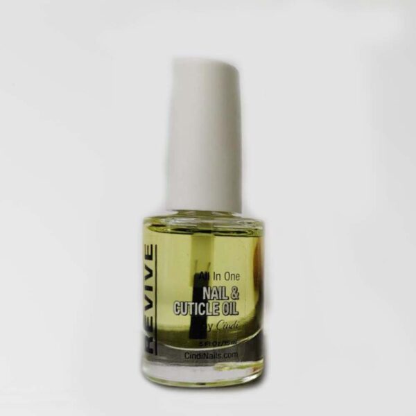 A Nail And Cuticle Oil Product Bottle With The Words "Revive", "All In One", "Nail & Cuticle Oil", And "Cindinails.com" Visible.