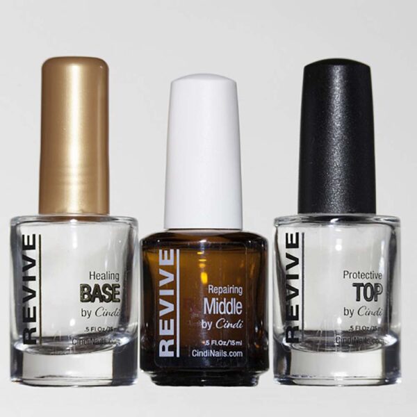 Three Bottles Of Nail Products From Revive By Cindi, Including Base, Repairing Middle, And Protective Top Coats.