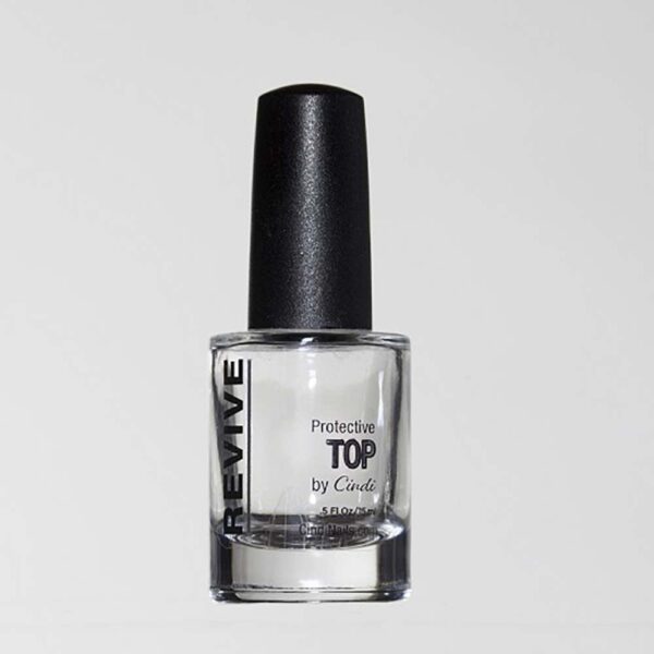 Clear Protective Top Coat Nail Polish In A Rectangular Bottle With A Black Cap, By Cindi, With The Brand Name Revive On The Left.