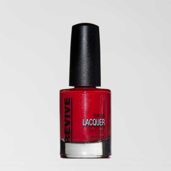 Red Nail Polish Bottle With A Black Cap, The Brand Is Called Revive And The Product Name Is Lacquer.