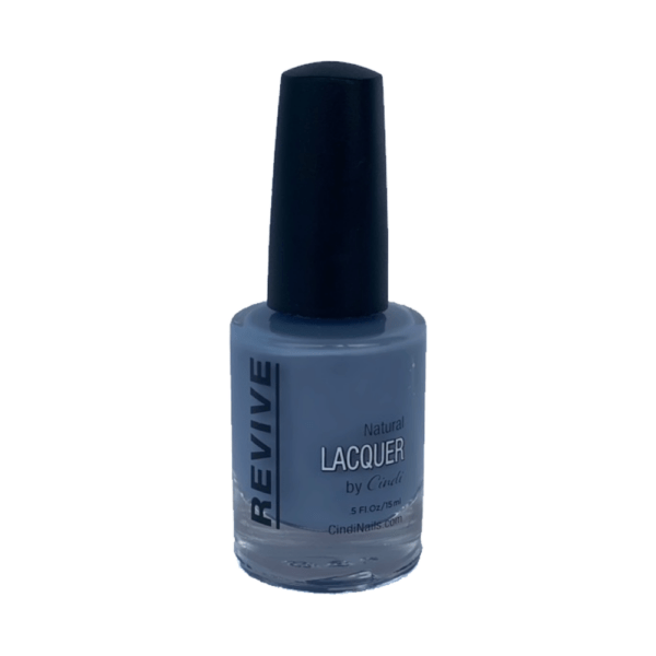 A Bottle Of Revive Natural Lacquer Nail Polish In A Dusty Blue Color With A Black Handle, 5 Fl Oz.