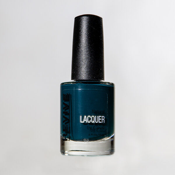Close-up Of A Bottle Of Teal Nail Lacquer Labeled "Revive" And "Lacquer By Cindy."
