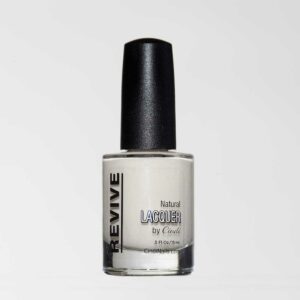 Nail Polish Bottle Of "Revive" Natural Lacquer By Cindi, With A White Cream Color, Against A White Backdrop, 5 Fl.oz/15ml.