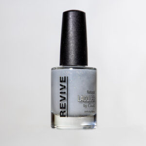 Revive Nail Polish Bottle In A Soft Grey With Glitter, On A White Background.