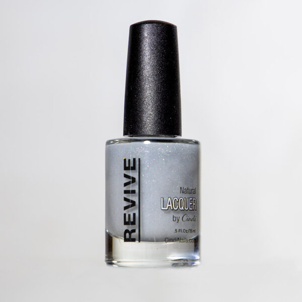 Revive Nail Polish Bottle In A Soft Grey With Glitter, On A White Background.