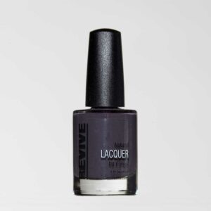 A Bottle Of "Revive" Natural Nail Polish, Dark Gray Color, With A Matte Black Cap.