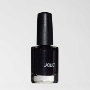 A Bottle Of Black Nail Polish Labeled "Lacquer" Against A White Background.