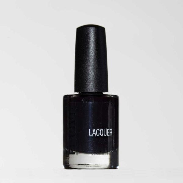 A Bottle Of Black Nail Polish Labeled "Lacquer" Against A White Background.