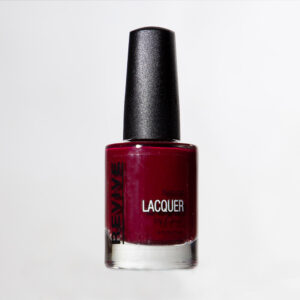 A Single Bottle Of "Revive" Natural Lacquer Nail Polish In A Deep Burgundy Color, With A Black Cap, On A White Background.