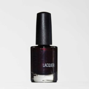 Bottle Of Dark Purple Nail Polish With A Black Cap, Labeled "Laquer" On A White Background.