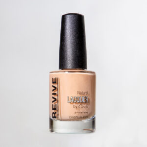 A Bottle Of "Revive" Brand Natural Beige Nail Lacquer By Cindi, On A White Background.