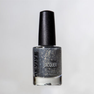 Close-up Of A Revive Natural Lacquer Nail Polish Bottle In A Gray, Shimmering Shade.