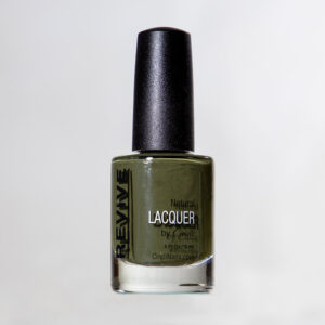 Olive Green Nail Polish Bottle Labeled "Revive Natural Lacquer By Cindi".