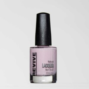 Nail Polish Bottle Featuring "Revive" Brand, Natural Pastel Pink Lacquer By Cindi. .5 Fl. Oz, With A Black Cap. White Background.