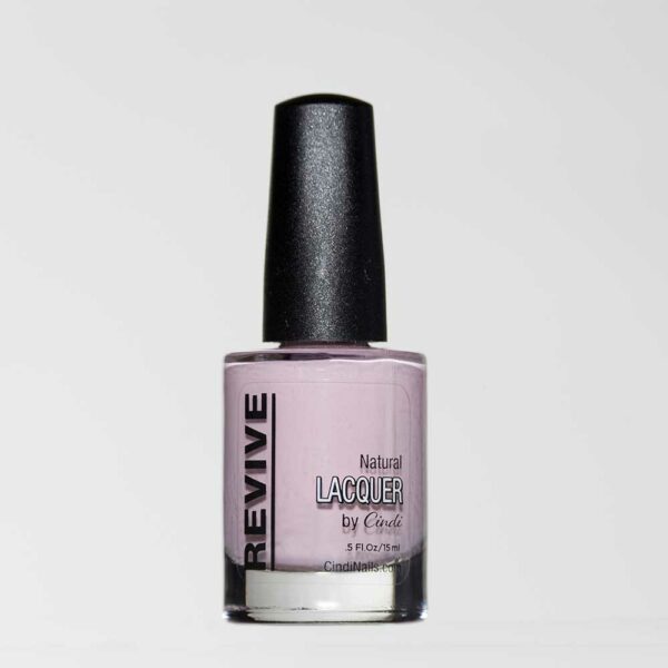 Nail Polish Bottle Featuring "Revive" Brand, Natural Pastel Pink Lacquer By Cindi. .5 Fl. Oz, With A Black Cap. White Background.