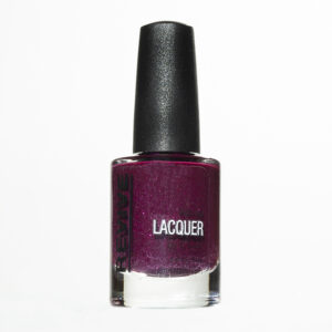 A Close-up Of A Bottle Of Dark Purple Nail Polish With A Black Cap, Labelled "Revive Natural Lacquer".