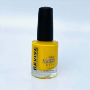 Nail Polish Bottle Of Yellow Lacquer With A Black Cap; Revive Brand.